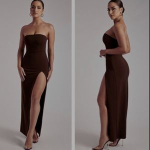 Meshki Rachel Strapless Maxi Split Front Dress M Chocolate